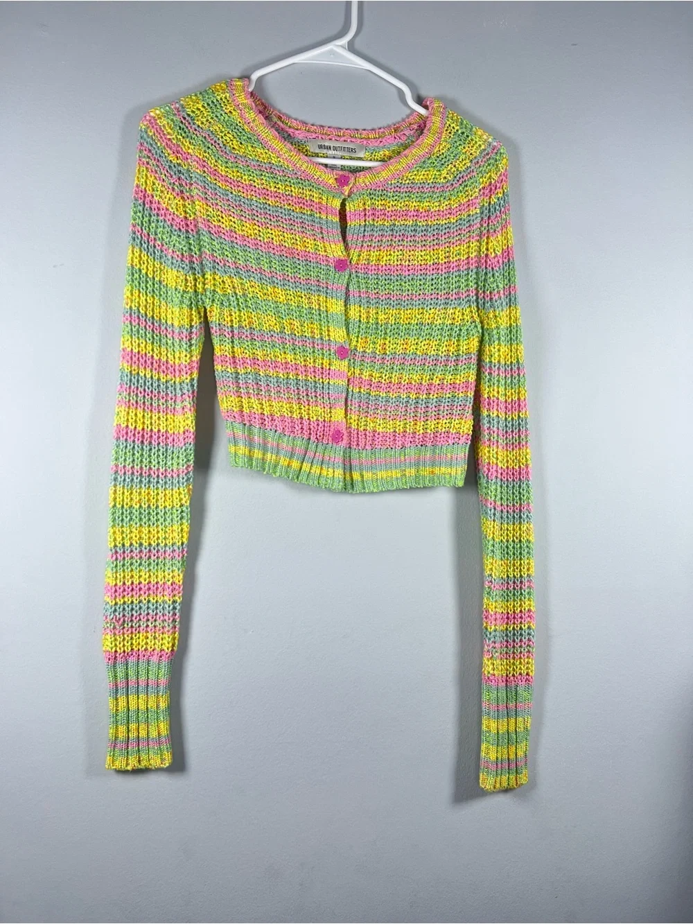 Urban Outfitters Striped Pastel Mini Cardigan Flower Buttons Small